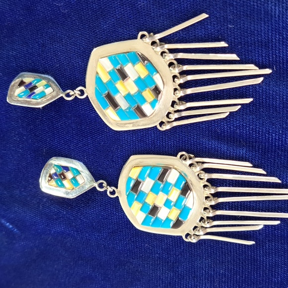 Native American Multi Stone Cobblestone On Sterling Silver Dangle Earrings - Picture 4 of 11